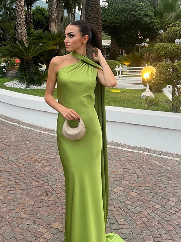 Verde Empress – Long Olive Cape Dress