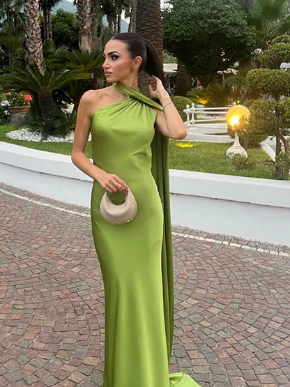 Verde Empress – Long Olive Cape Dress
